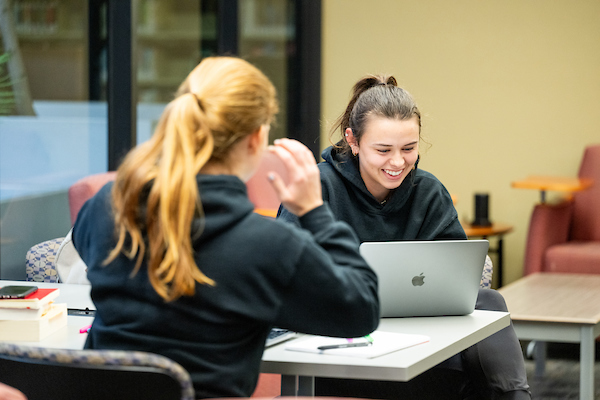 Pair of students talking and working in Pearson Library